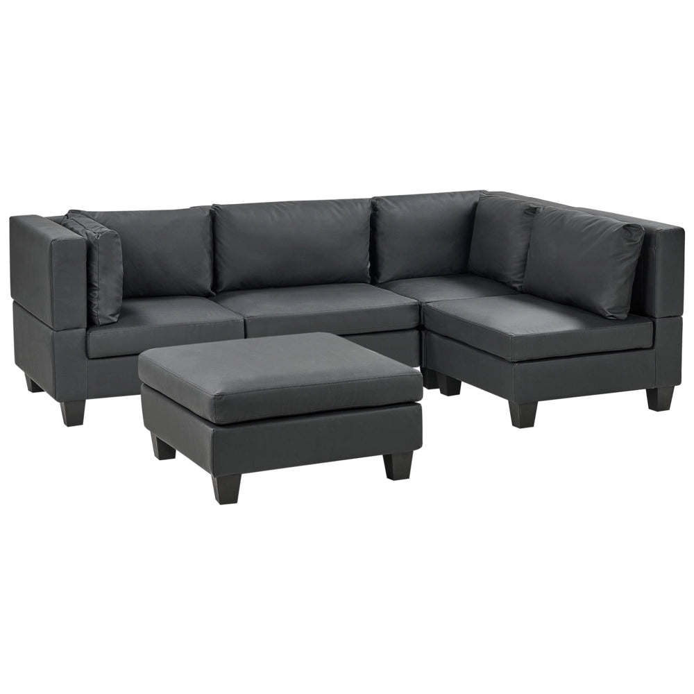 Divano componibile 4 posti imbottito in tessuto nero con gambe nere schienale imbottito lato sinistro con pouf stile moderno