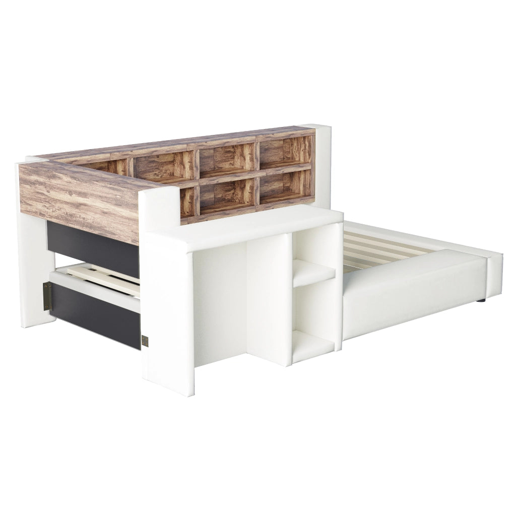 Letto imbottito 90 x 200 cm con contenitore, USB/LED e tavolino laterale, beige
