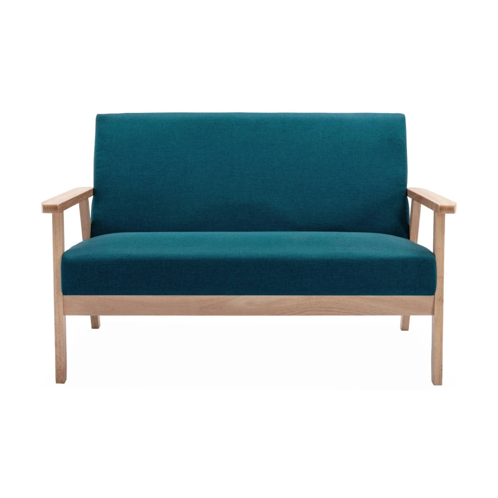 Divano stile scandinavo in legno e tessuto, 2 posti, blu smeraldo