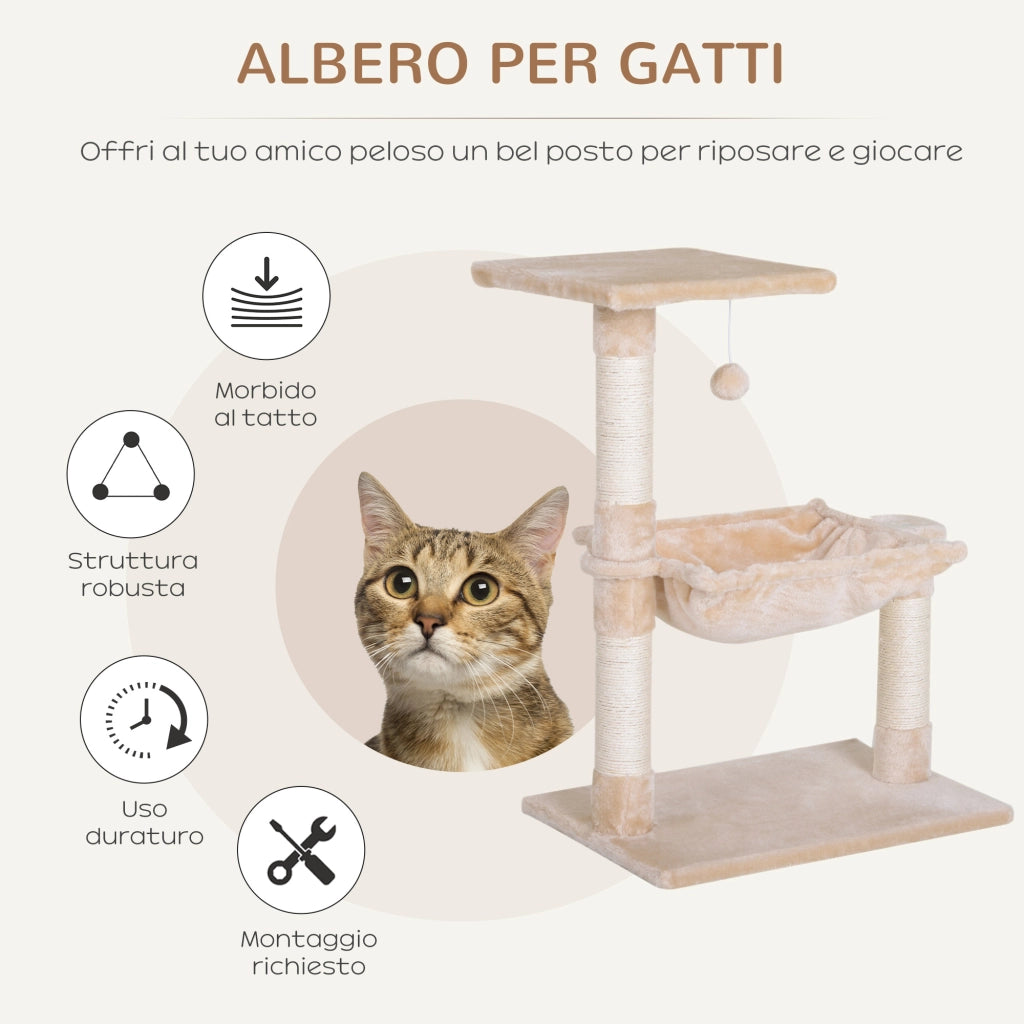 Tiragraffi per Gatti con Amaca e Pallina ¨C Xylo ¨C Legno e Peluche Beige 50x36x70cm