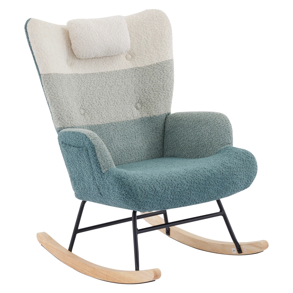 Poltrona Dondolo Boucl¨¦ con Poggiapiedi ¨C MINIMAL ¨C Patchwork, Gambe in Legno