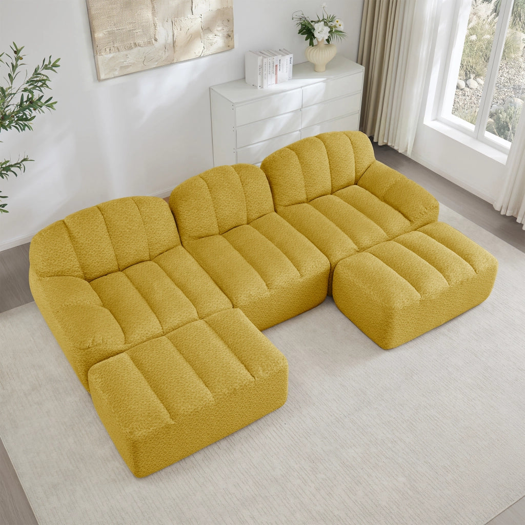 Divano modulare 3 posti con 2 pouf; schiuma 32D; tessuto giallo