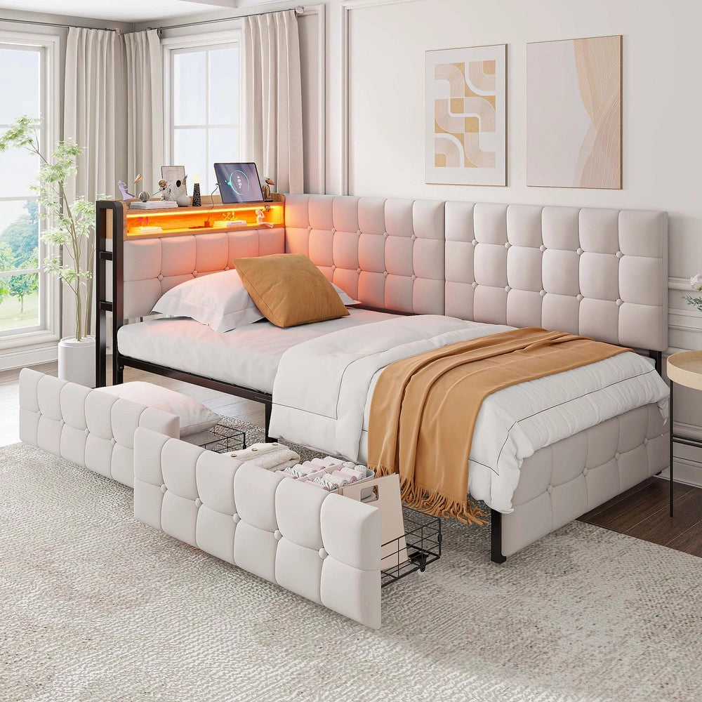 Letto Singolo Imbottito con Cassetti e LED ¨C MINIMAL ¨C Beige 90x200