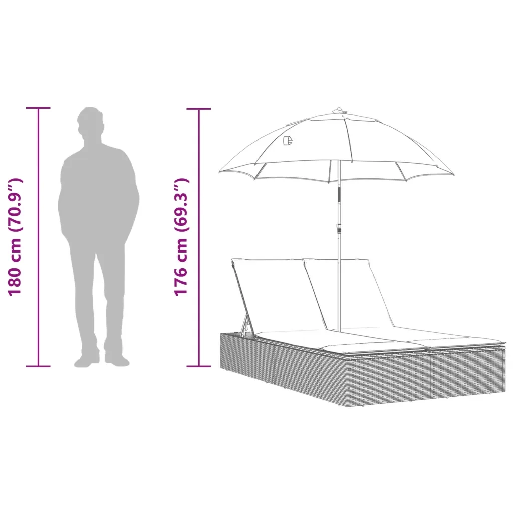 Lettino Prendisole Doppio Cuscini e Parasole Grigio Polyrattan 368083