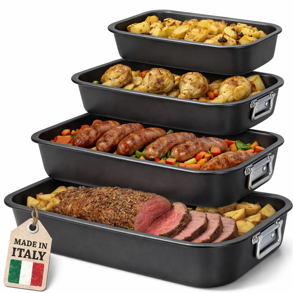 Set 4 Teglie Rettangolari Vulcano 20-25-30-35cm Teglia da Cucina Antiaderente