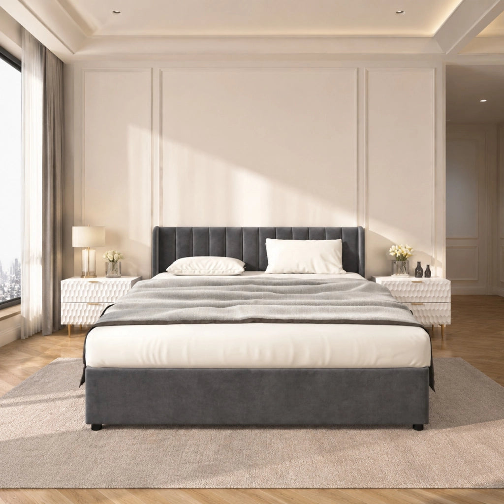 LETTO 180x200 cm in velluto grigio con rete a doghe e 2 cassetti