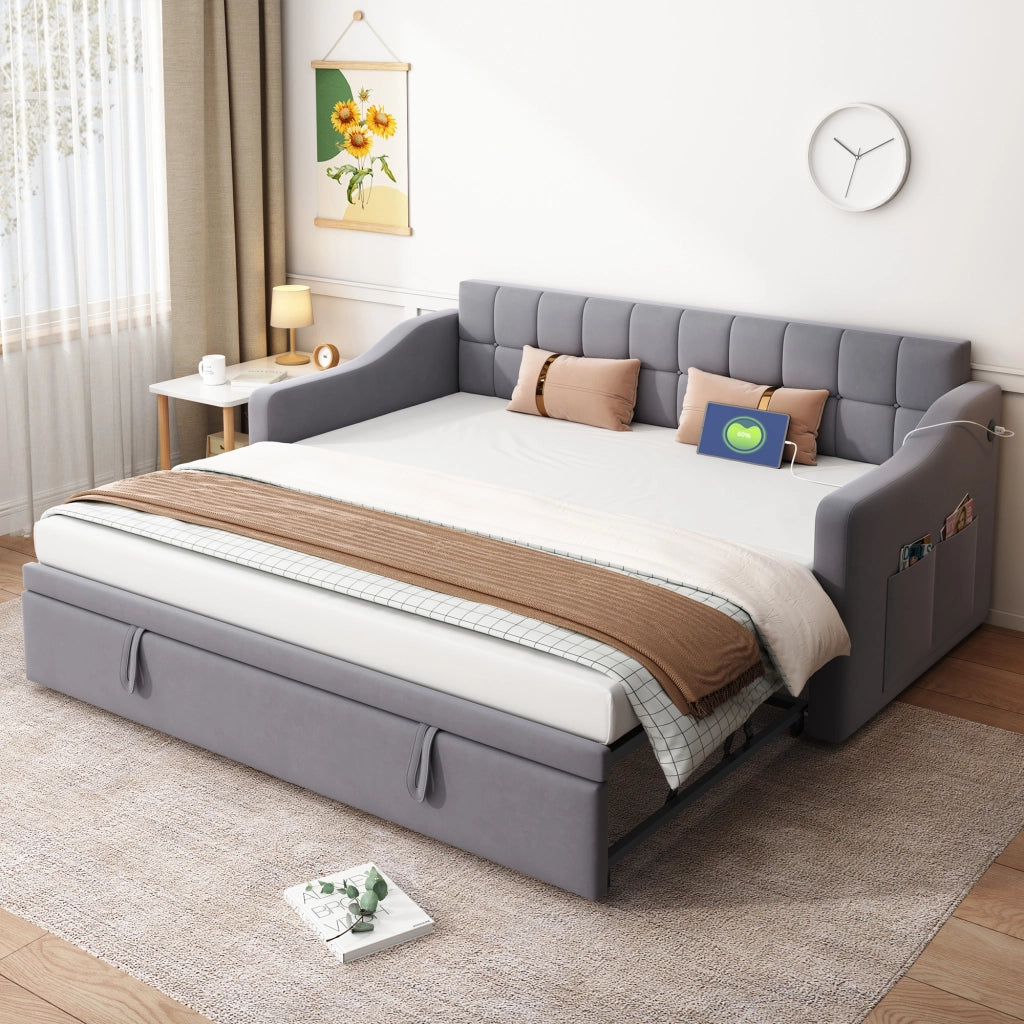 LETTO Estraibile 90x190 cm in Velluto Grigio con porte USB