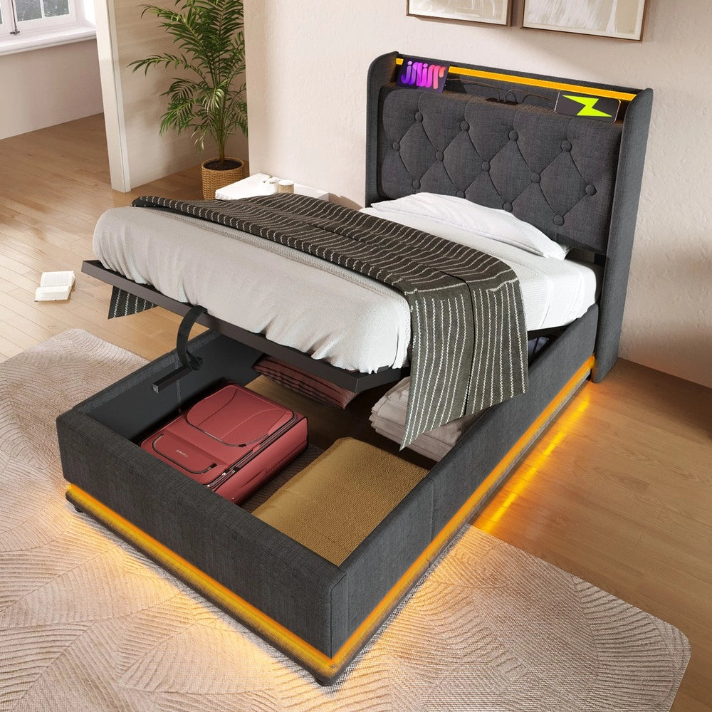 Letto Singolo Imbottito con LED e Contenitore Idraulico ¨C MINIMAL ¨C Grigio, 90x200 cm