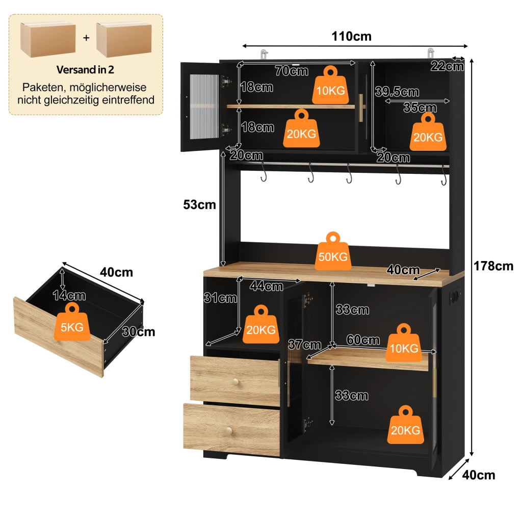 Colonna da cucina con LED prese e USB 4 ante in vetro temperato ripiani regolabili in MDF nero 110 × 40 × 178 cm
