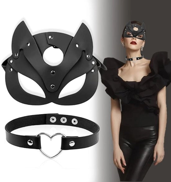 Maschera per gatti adattabile - maschera da festa - Halloween/Kostuum - pelle PU - design sexy - inclusa collana
