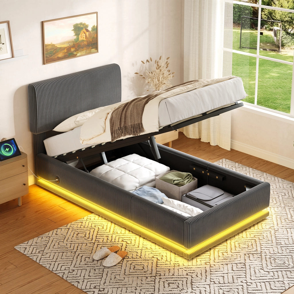 Letto imbottito 90x200 cm in tessuto corduroy con testiera regolabile, LED, USB-C e contenitore