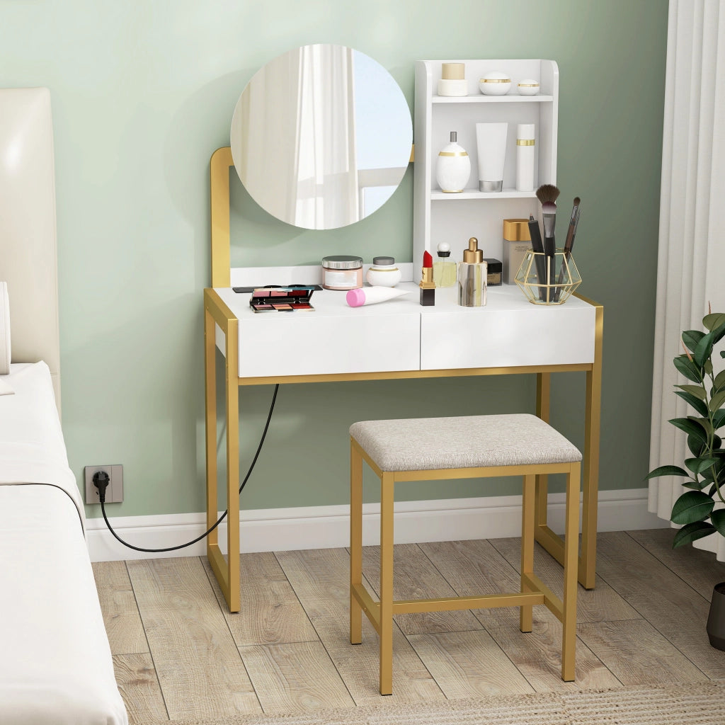 Cassettiera con specchio e sgabello imbottito ¨C Minimal ¨C bianco 60x40x