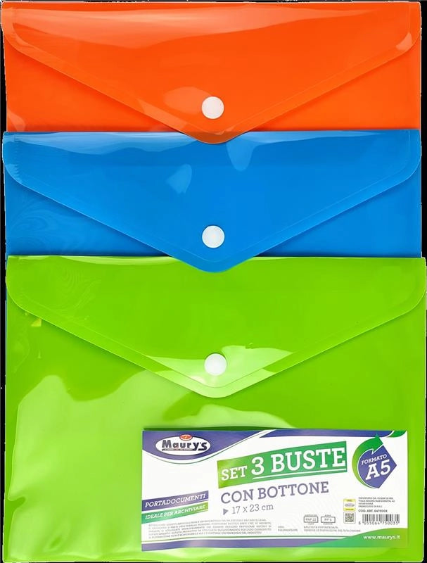 MAURY'S BUSTE PORTA DOCUMENTI CON BOTTONE IN FORMATO A5 CONFEZIONE DA 3 PEZZI