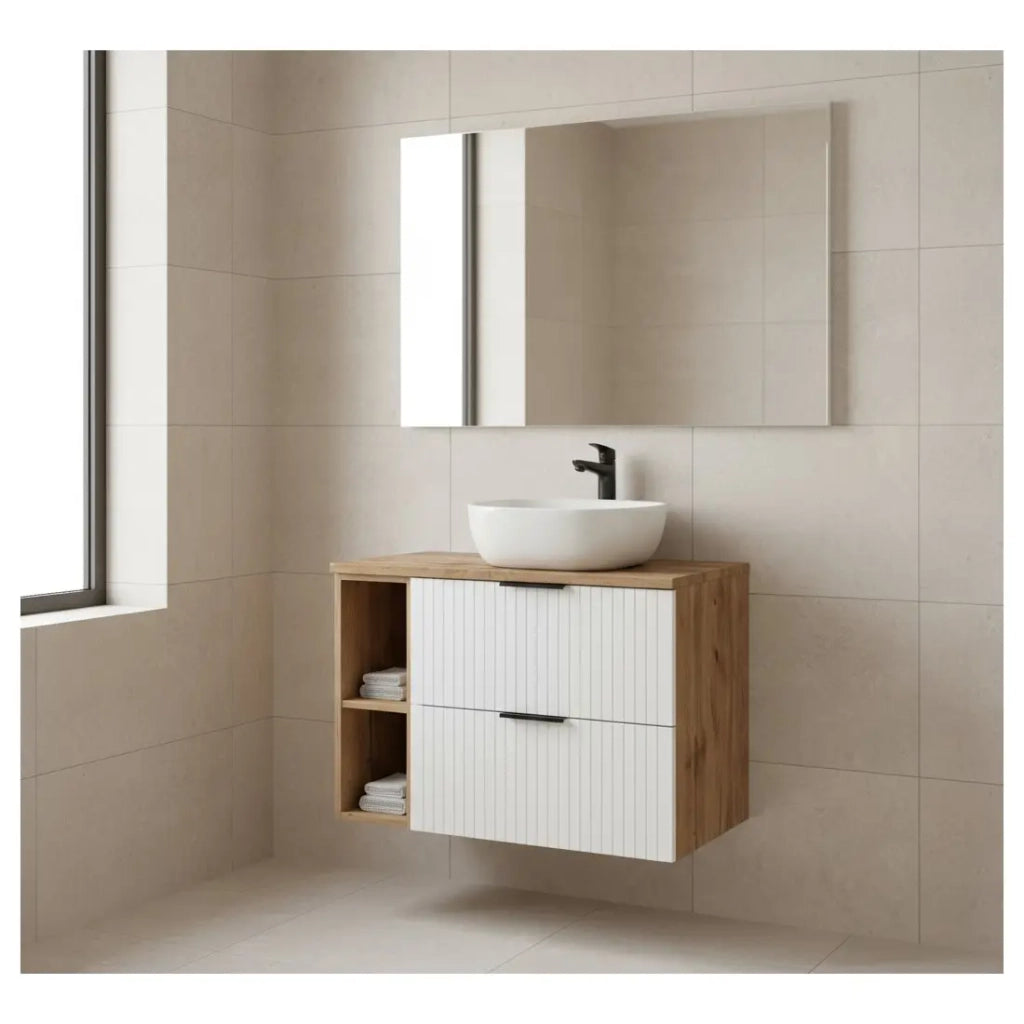 Set bagno NOXERA 80 cm – Mobile sospeso con 2 nicchie, piano per lavabo e lavabo