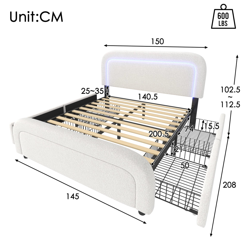 LETTO imbottito con USB Type-C, LED e 4 cassetti 140x200 cm Sherpa bianco