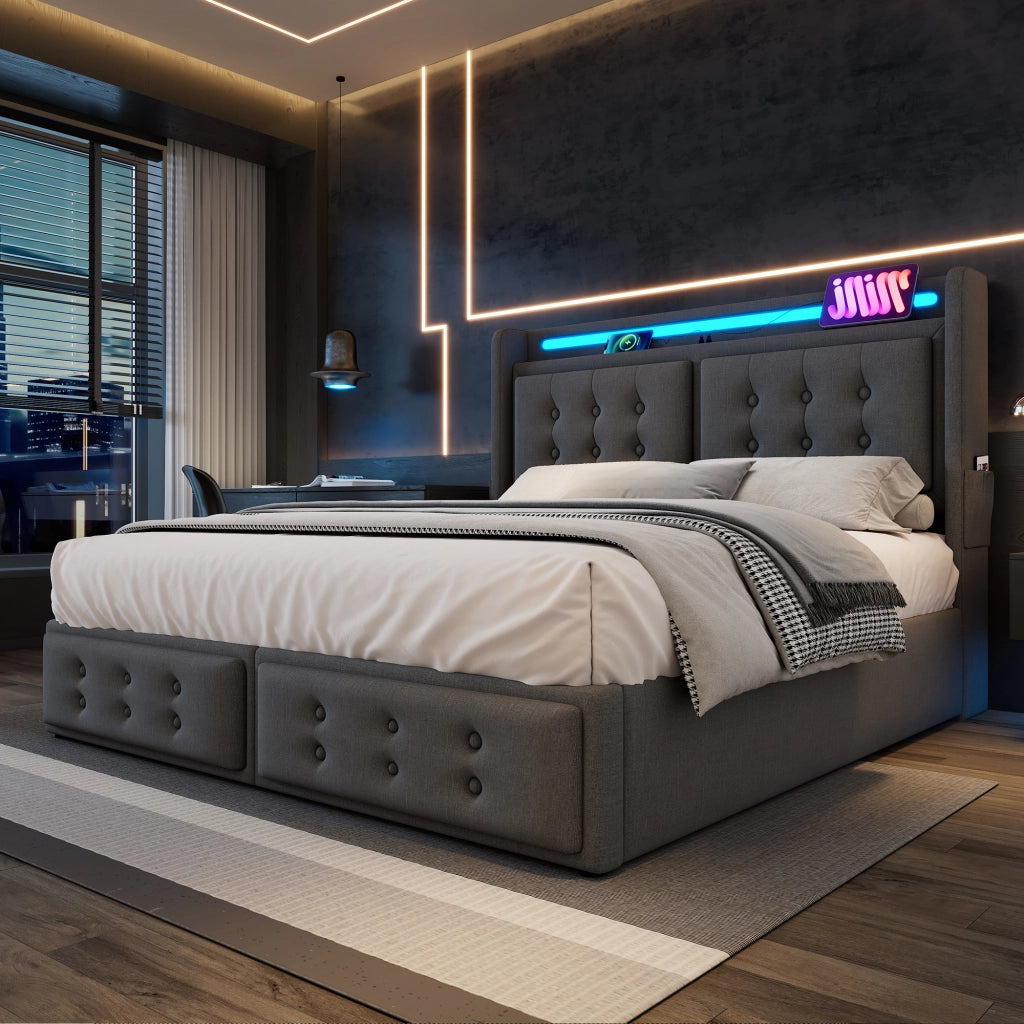 LETTO Contenitore 160x200 cm Grigio in cotone-lino con prese, USB-C e LED