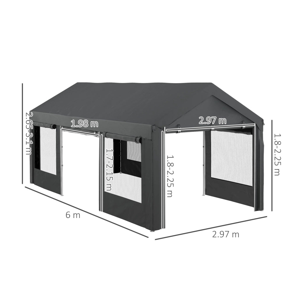 Gazebo per Auto e Feste con Altezza Regolabile, 4 Porte e 4 Finestre, 6x3m Grigio Scuro