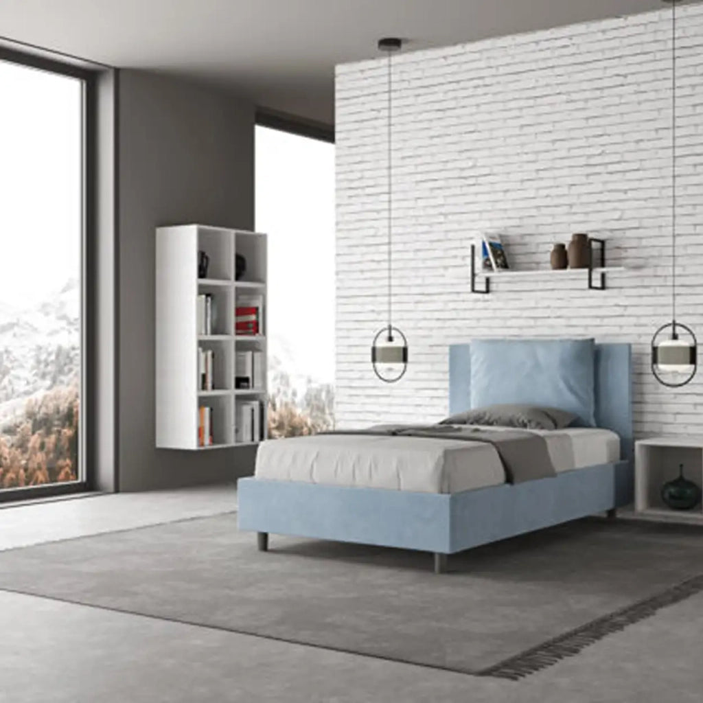 Letto una piazza e mezza senza rete imbottito 120x200 microfibra azzurro Antea