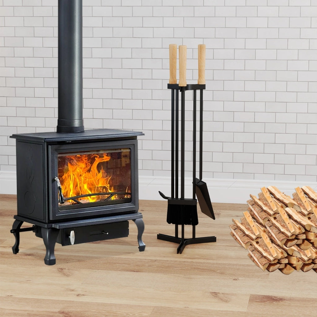 Utensili per legna da interno ed esterno con manico in legno per stufa e focolare-Set di utensili per camino a 4 pezzi Nero