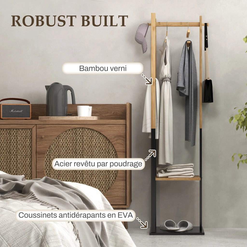 Appendiabiti in Bamb¨´ con Ripiani, Tringa e 4 Barre Laterali ¨C Minimal ¨C Legno