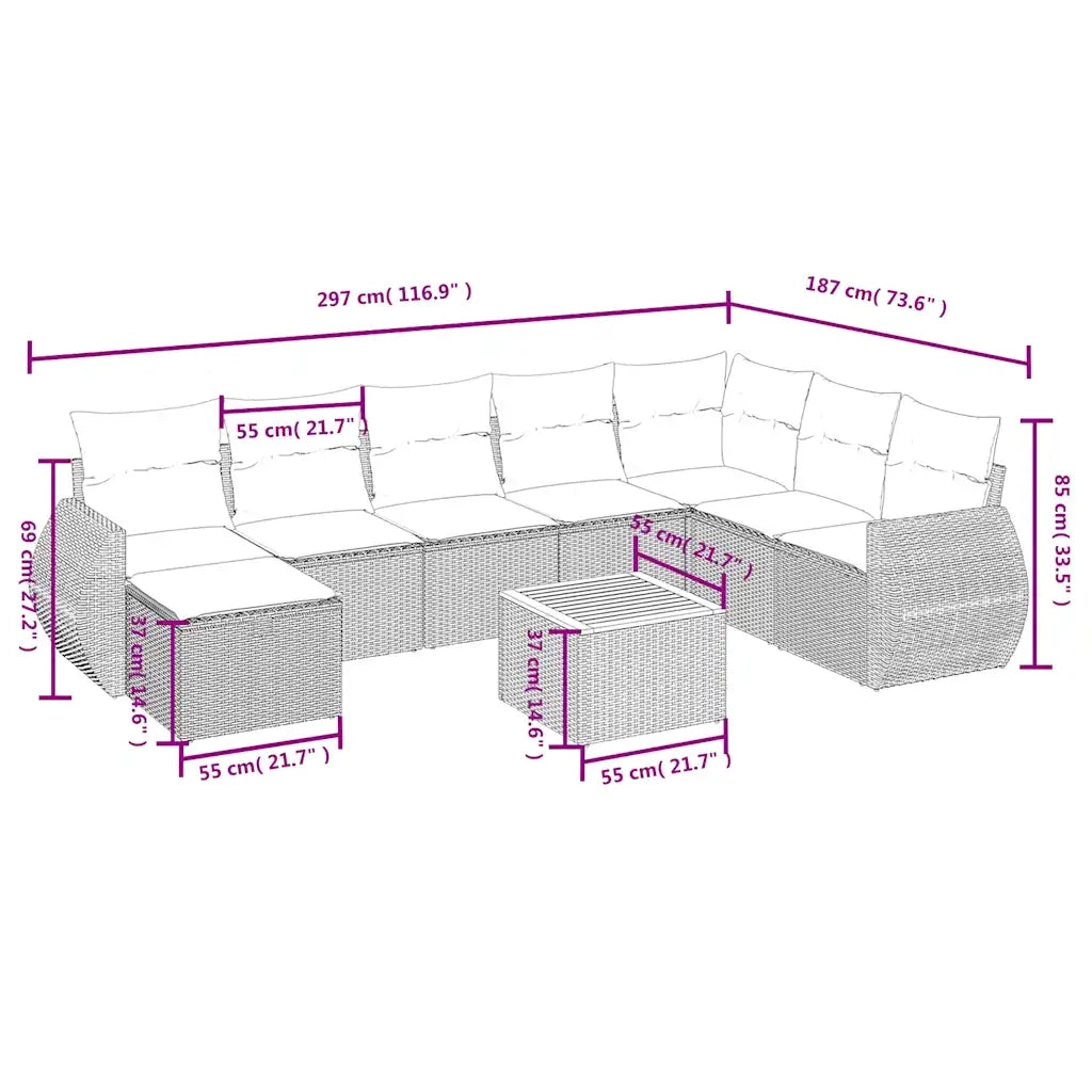 Set Divani da Giardino 9 pz con Cuscini Grigio in Polyrattan 3265100
