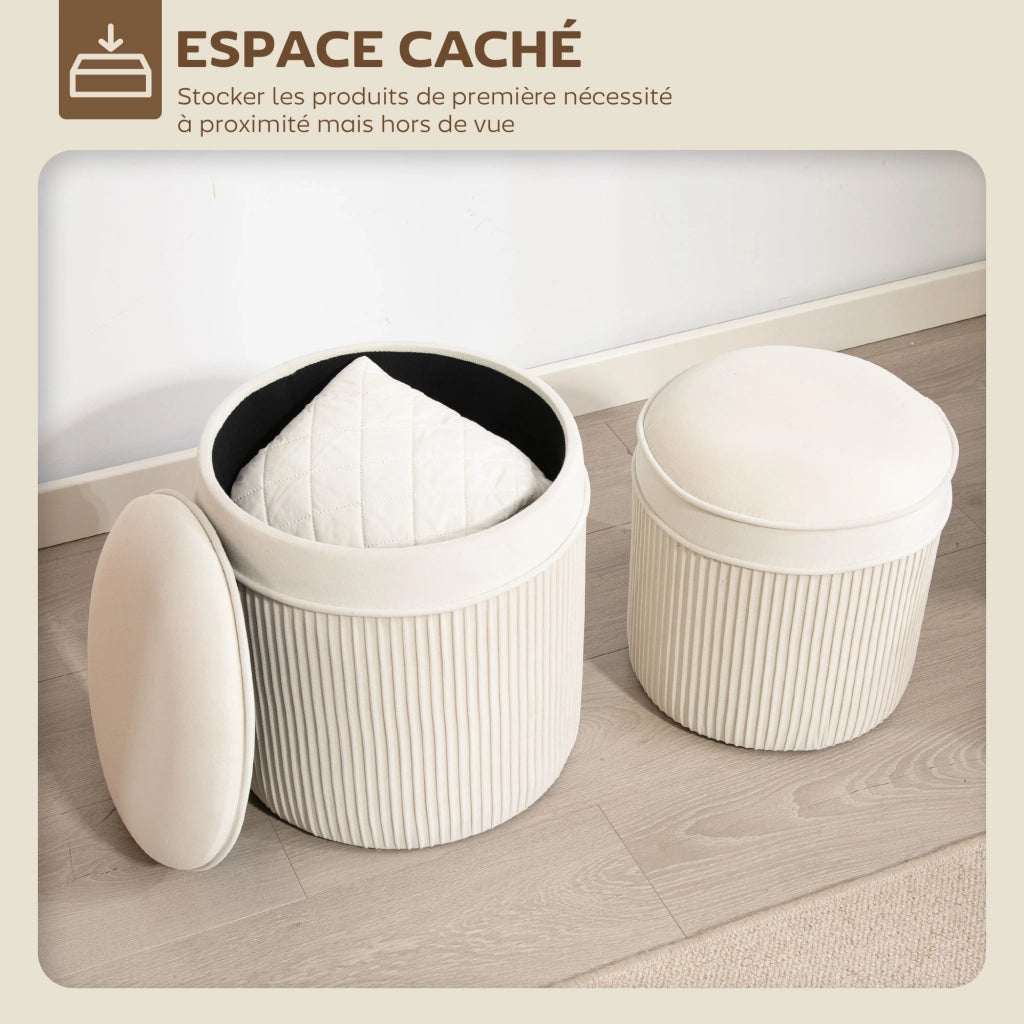 Pouf di stoccaggio in velluto ¨C Minimal ¨C 2 pezzi crema ?36 e ?32 cm