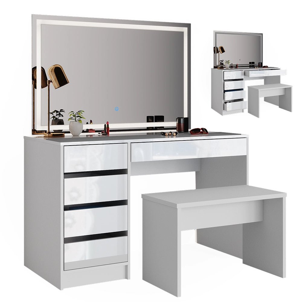 Vicco Tavolo da toeletta Bianco 120 cm con specchio a LED e panca