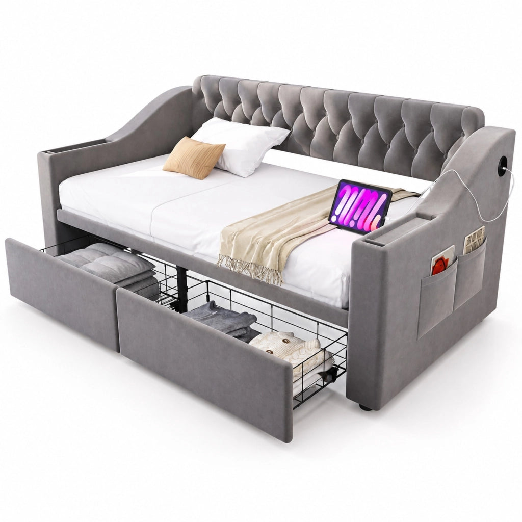 Letto imbottito trasformabile 90x190 cm in velluto con contenitore, USB e cassetti, grigio chiaro