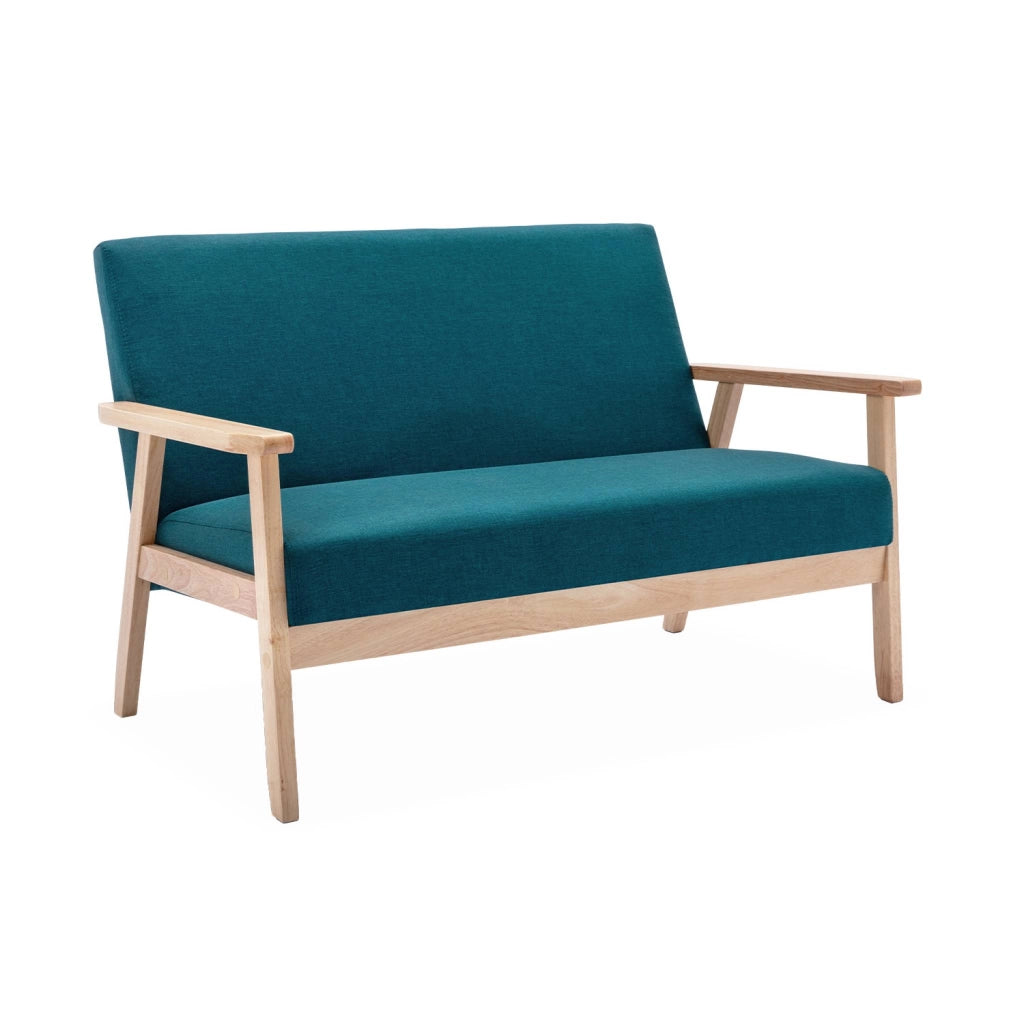 Divano stile scandinavo in legno e tessuto, 2 posti, blu smeraldo