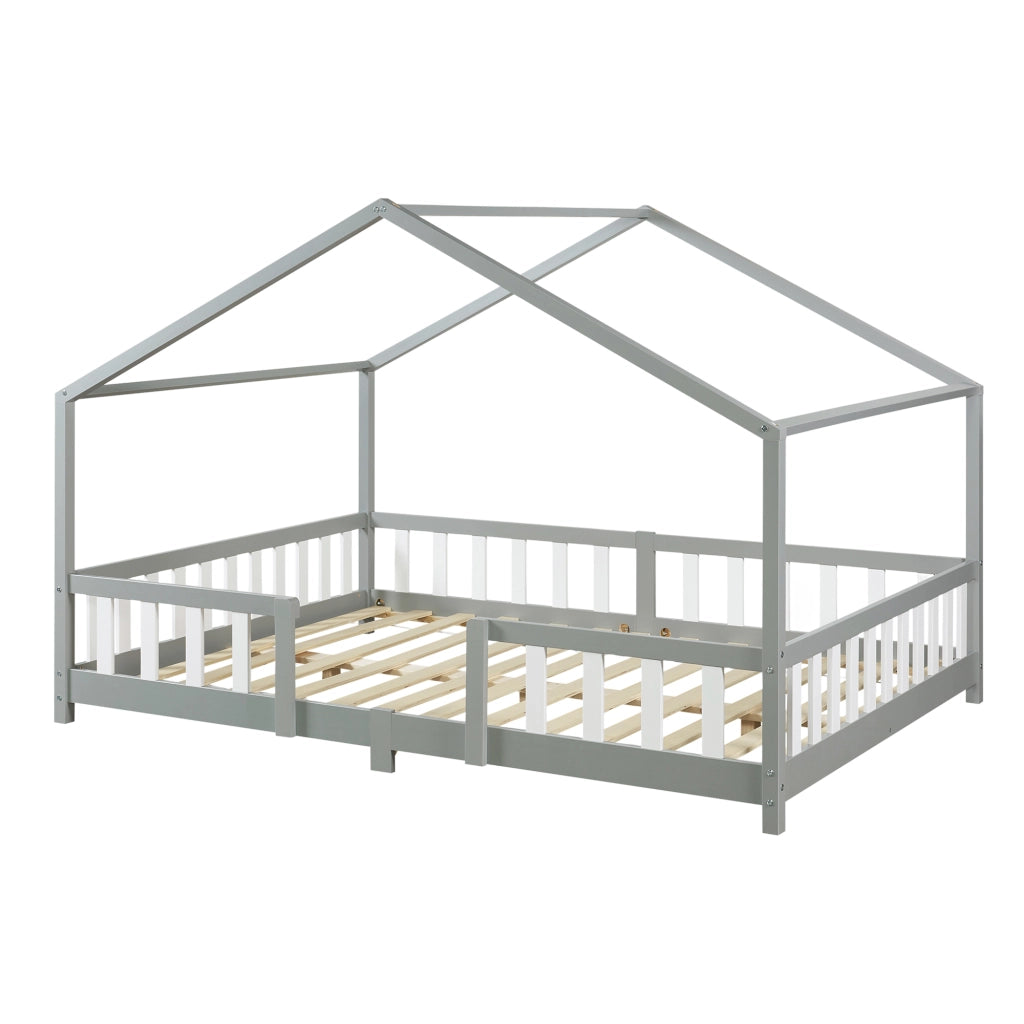 Letto per Cameretta Treviolo a Forma di Casetta in Stile Montessori 140x200 cm Grigio Chiaro/Bianco [en.casa]