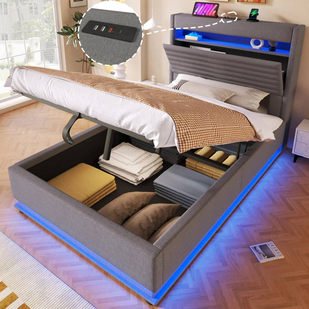 LETTO contenitore 90x200 cm in lino grigio con LED e USB Type-C