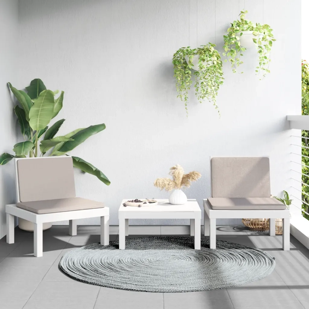 Set Salotto da Giardino 3 pz | Set di Mobili da Esterno con Cuscini Bianco in PP