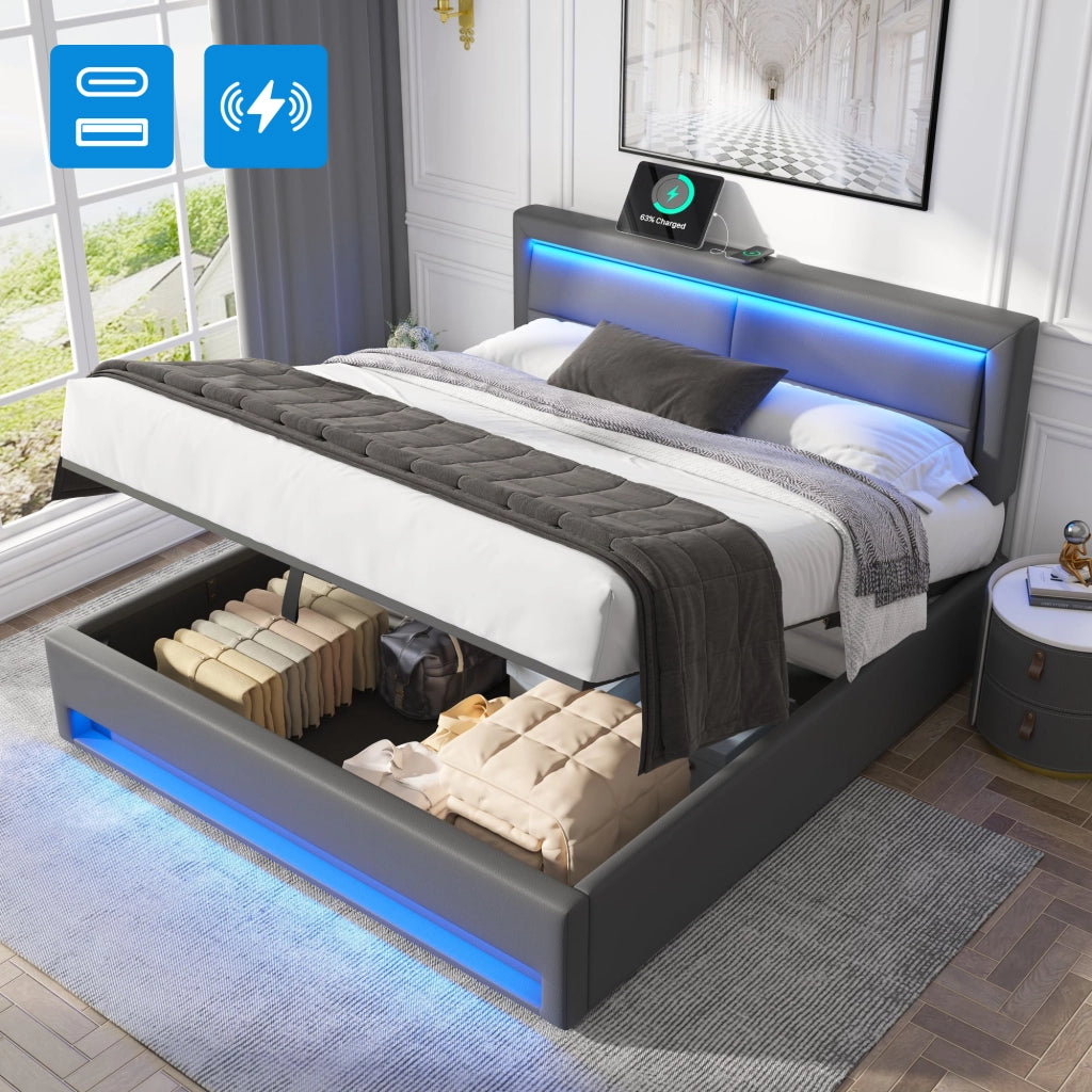 LETTO Imbottito 160x200 cm PU Grigio con USB, LED e contenitore