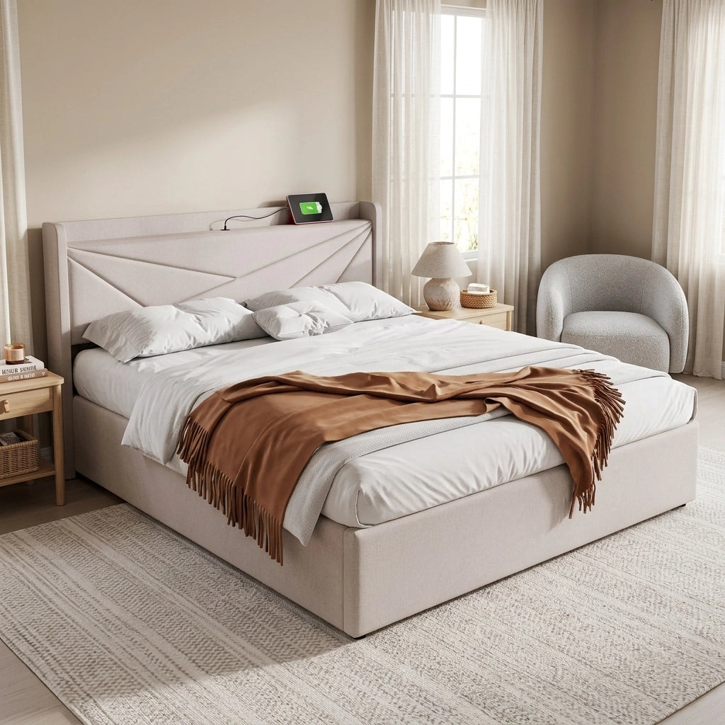 LETTO matrimoniale contenitore 180x200 cm beige in cotone lino con USB Type-C