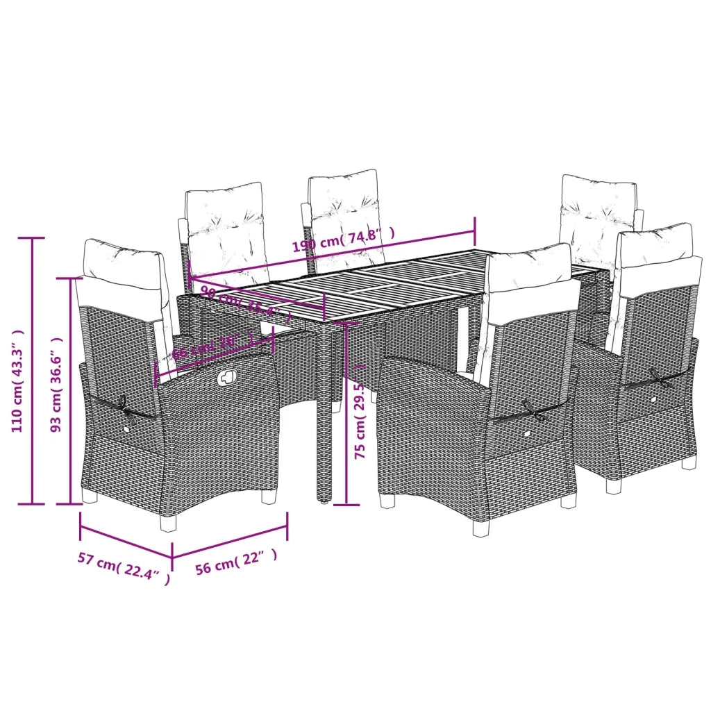 Set da Pranzo da Giardino 7 pz Nero con Cuscini in Polyrattan 3212659