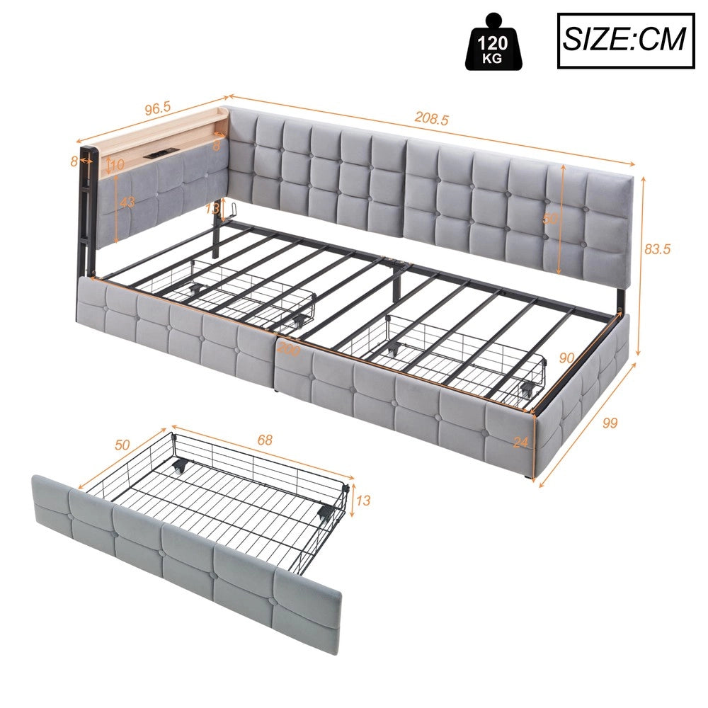 Letto Singolo Imbottito con Cassetti e LED ¨C MINIMAL ¨C Grigio 90x200