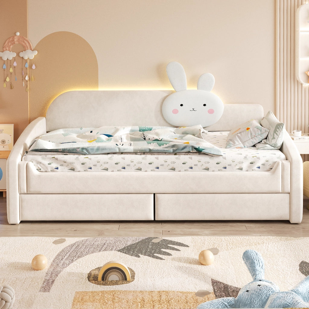 LETTO SOFA 90x200 cm in velluto beige con LED e 2 cassetti