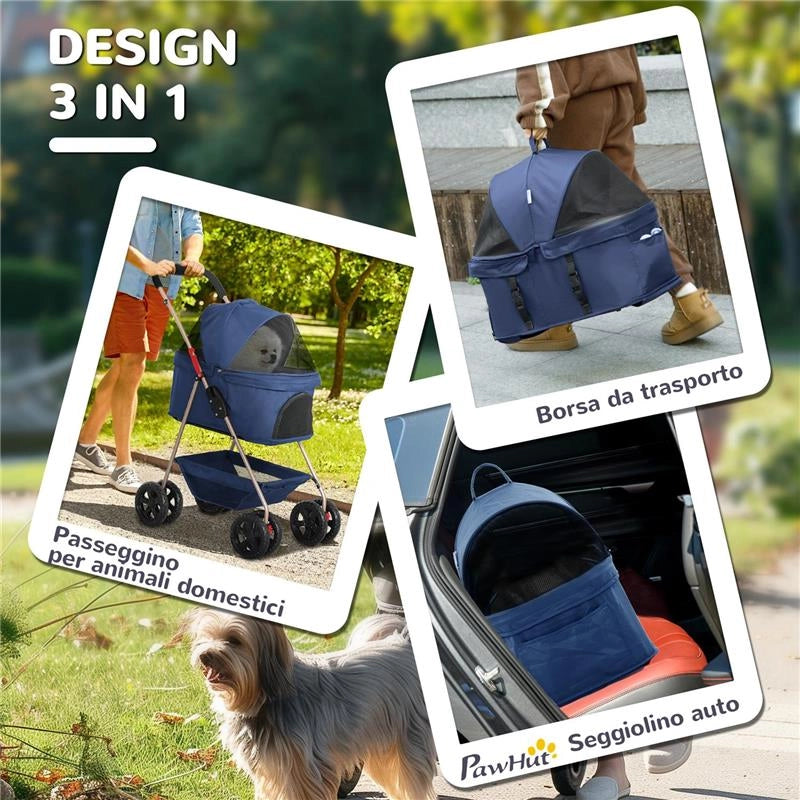 PASSEGGINO PER CANI 3 IN 1 PIEGHEVOLE CON BORSA TRASPORTINO E CESTINO INFERIORE BLU