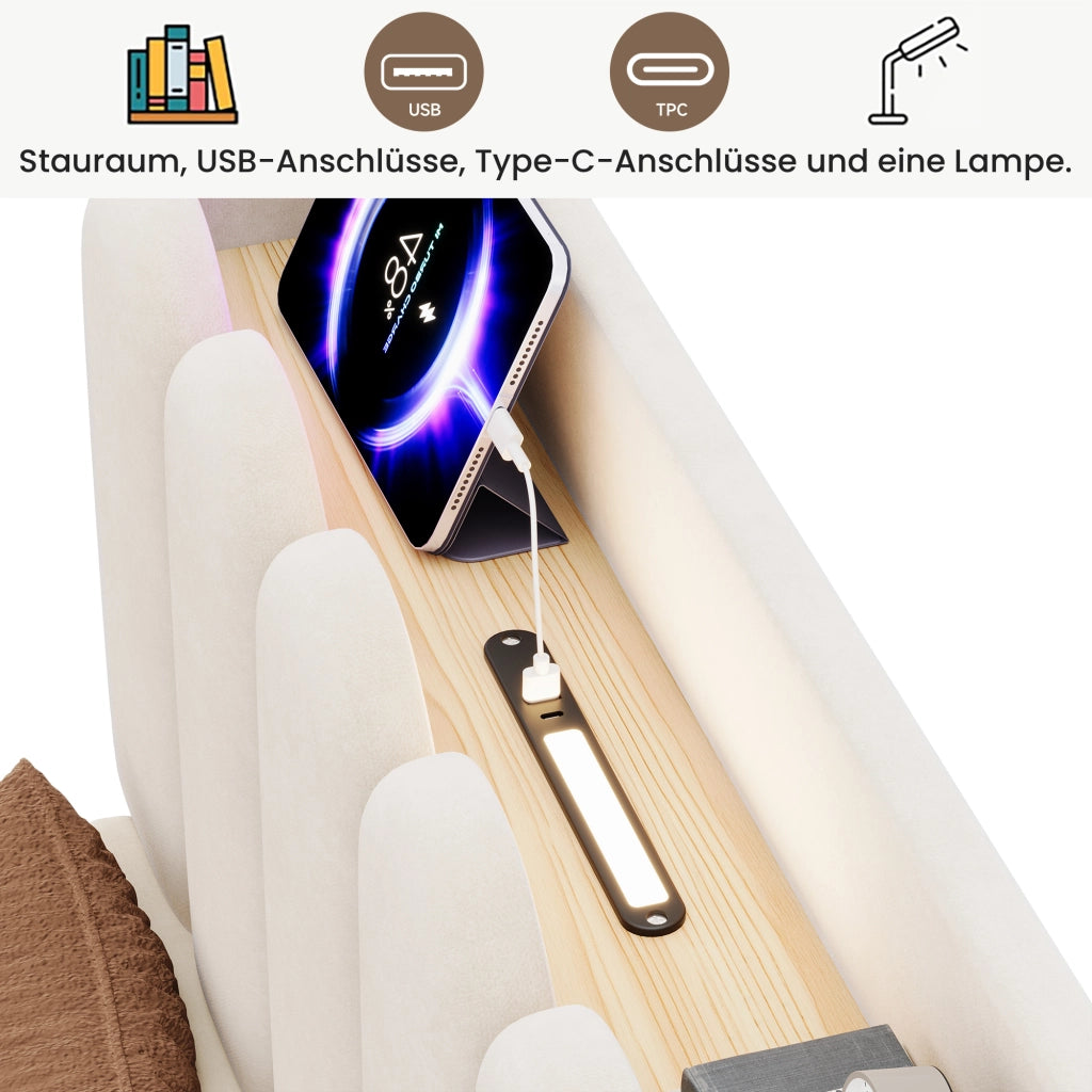 LETTO Singolo 90 x 200 cm in velluto beige con testiera e USB Type-C
