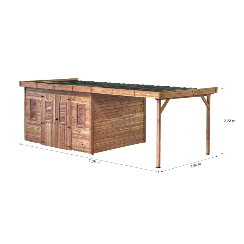 Casetta da giardino in legno 280x680 cm con legnaia – Spessore pareti 28 mm – Tetto piano in acciaio – DIN4030.02B Foresta