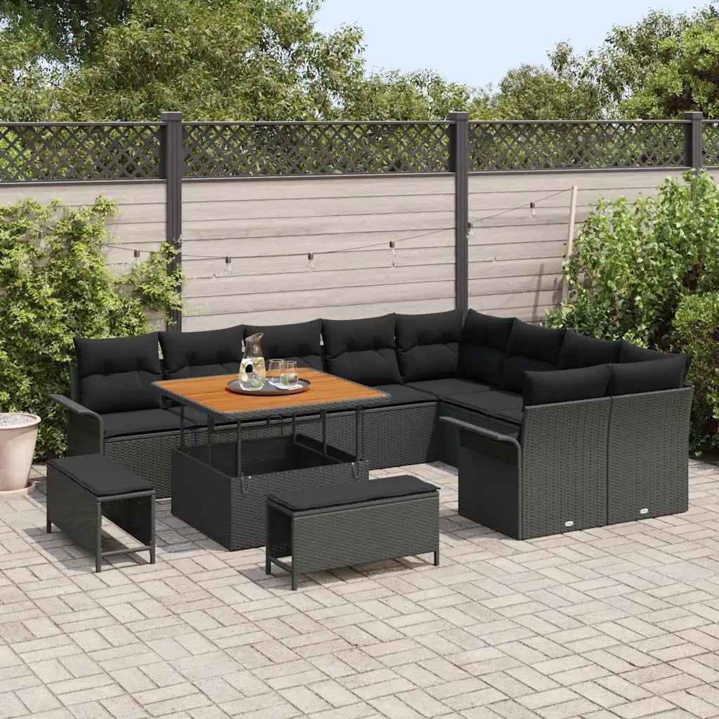 Set Divano da Giardino con cuscino 12 pcs Nero polyrattan