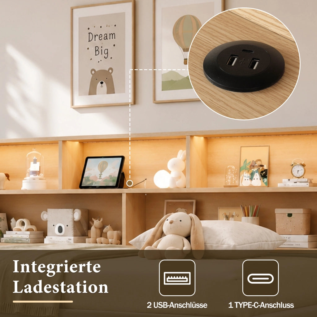 LETTO Estraibile 90x200 cm in velluto grigio con cassetti, USB e LED