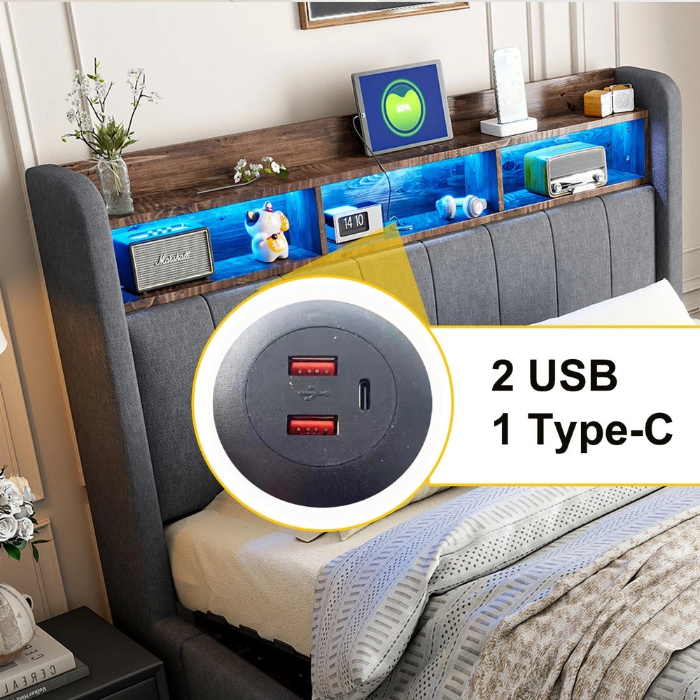 Letto Imbottito Contenitore con LED e USB ¨C MINIMAL ¨C Tessuto Grigio 160x200