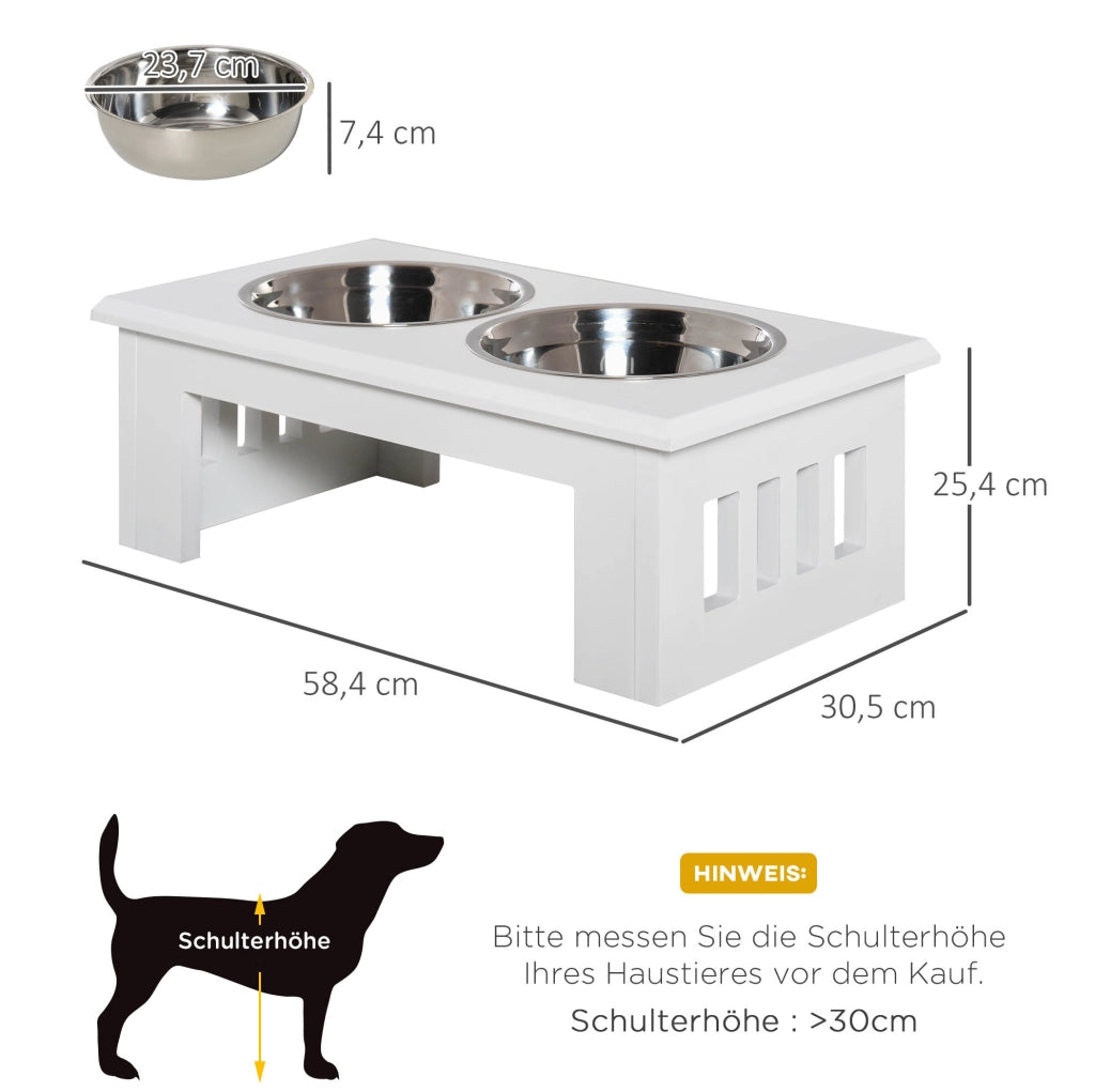 Stazione rialzata per ciotole per cani in MDF bianco con 2 ciotole in acciaio