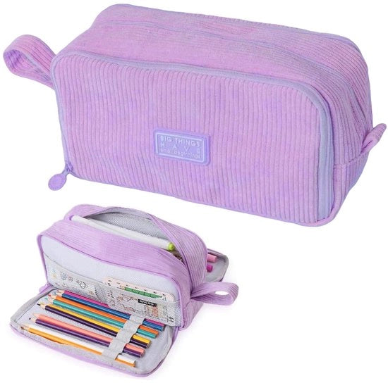 Borsa scolastica, 3 contenitori, fodero in corduroy, unisex, fodero, grande capacità, tasapenne con chiusura a zip, attrezzature scolastiche e ufficio, Blu scuro, 22,5 × 8 × 12 cm, Stile moderno