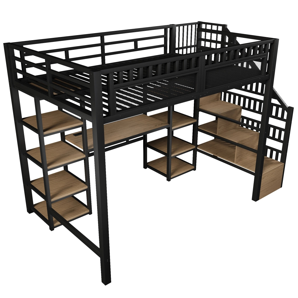 Letto castello 140x200 ferro ripiani scala scrivania LED USB nero