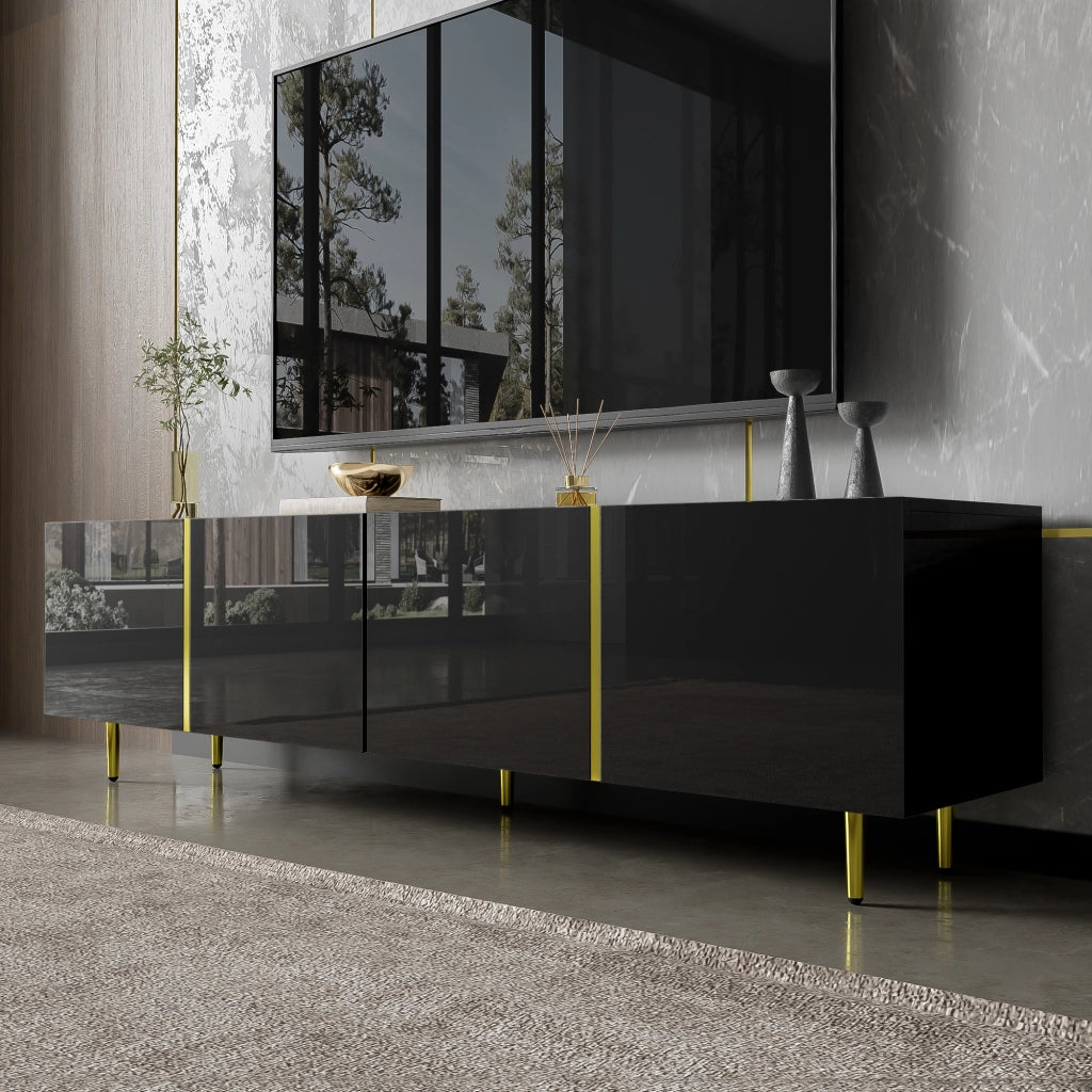 Cassettiera per TV nera lucida in MDF lunghezza 170 cm