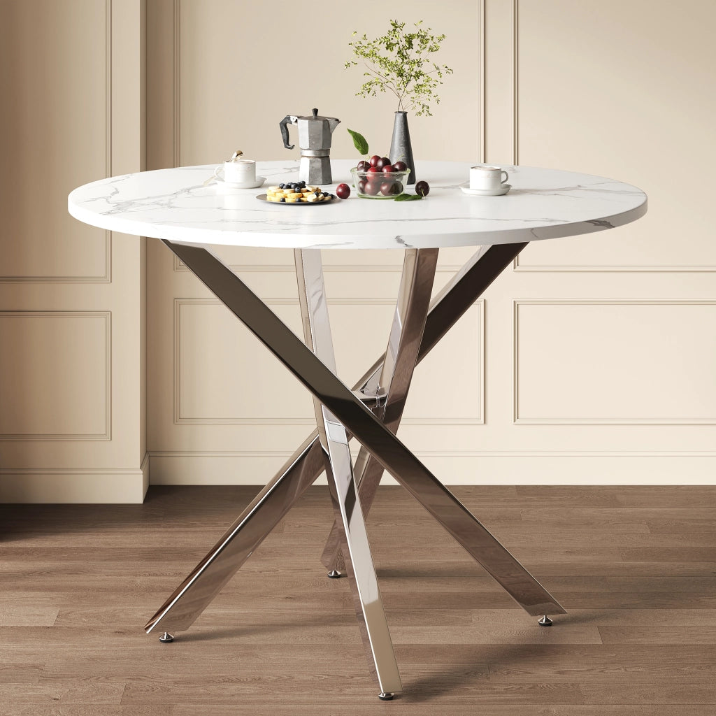 TAVOLO da pranzo rotondo 80 cm effetto marmo bianco e argento