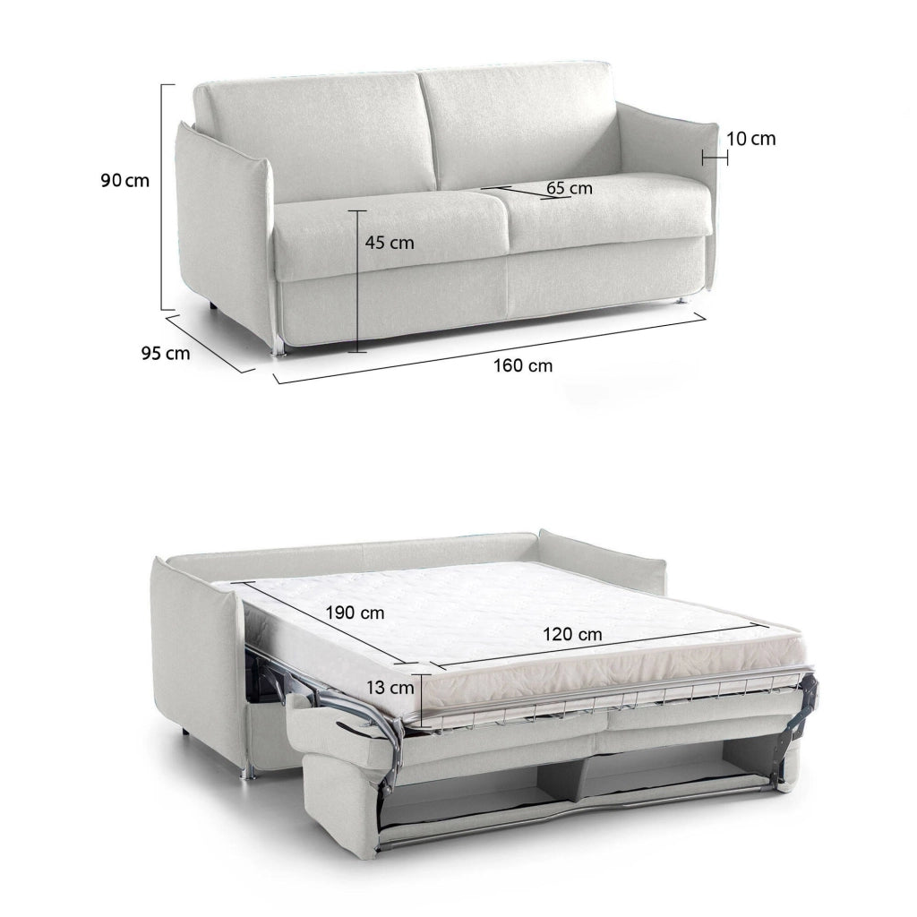 Verceia, Divano Letto 2 Posti Sfoderabile Made in Italy, 160x95 cm Grigio Chiaro