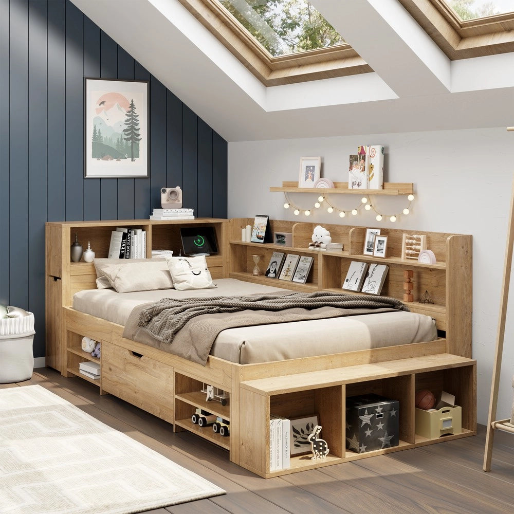 Letto Singolo Contenitore per Bambini con Cassetti e Ripiani ¨C MINIMAL ¨C 90x200, Naturale